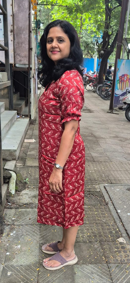 Maroon Mashru Silk Knee length One Piece