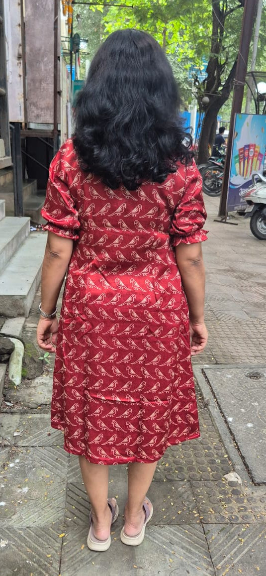 Maroon Mashru Silk Knee length One Piece