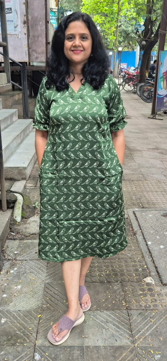 Bottle Green Mashru Silk Knee length One Piece