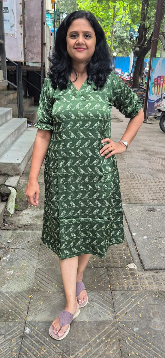 Bottle Green Mashru Silk Knee length One Piece