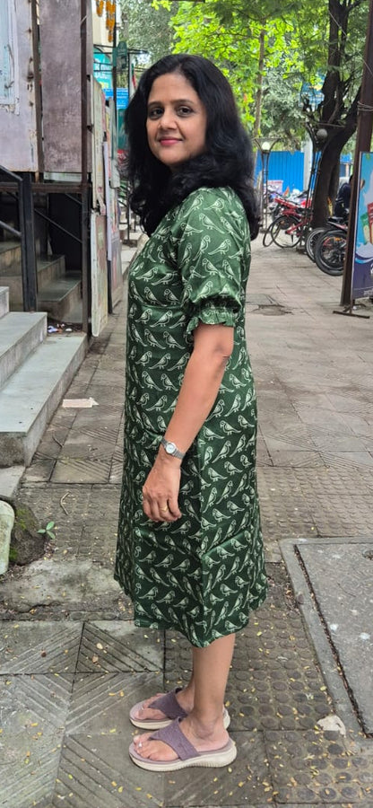 Bottle Green Mashru Silk Knee length One Piece