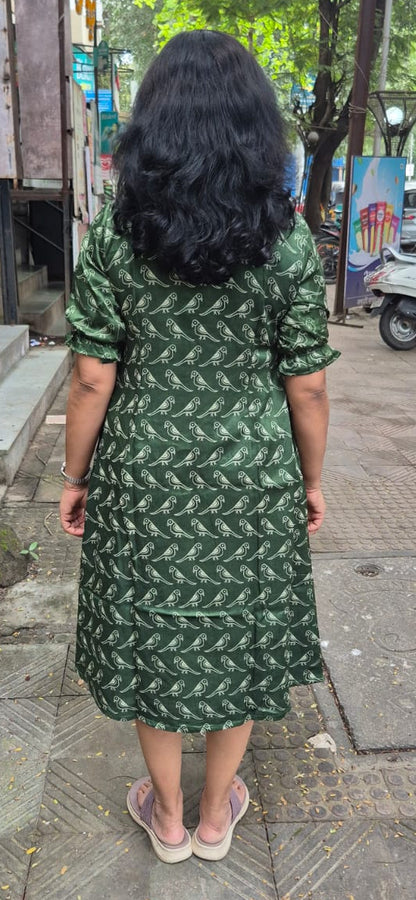 Bottle Green Mashru Silk Knee length One Piece