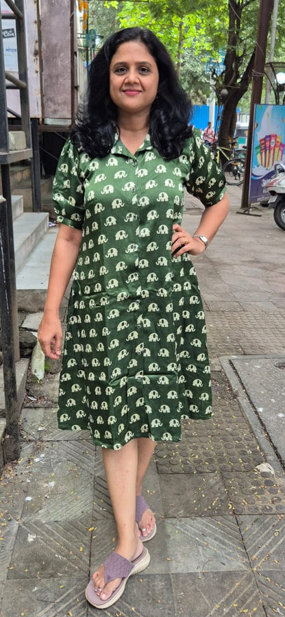 Bottle Green Mashru Silk Knee Length One Piece