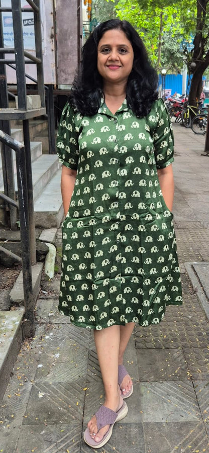 Bottle Green Mashru Silk Knee Length One Piece