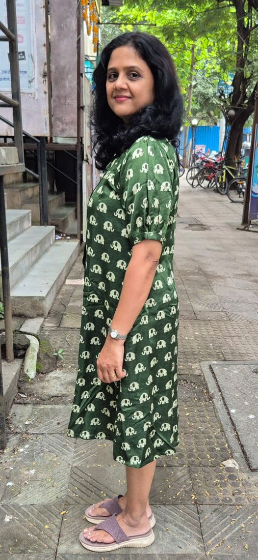 Bottle Green Mashru Silk Knee Length One Piece