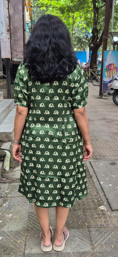 Bottle Green Mashru Silk Knee Length One Piece