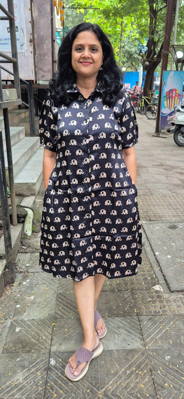 : Black Mashru Silk Knee Length One Piece