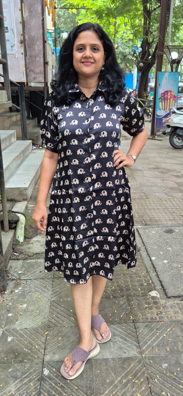 : Black Mashru Silk Knee Length One Piece