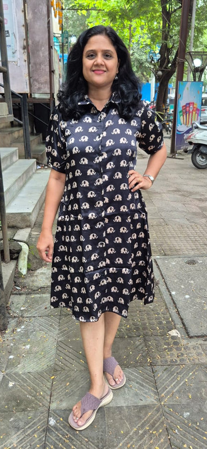 : Black Mashru Silk Knee Length One Piece