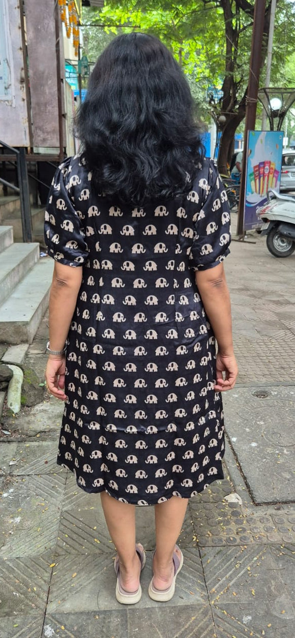 : Black Mashru Silk Knee Length One Piece