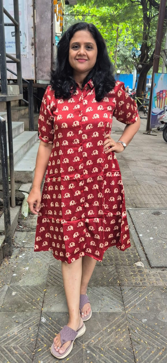 Maroon Mashru Silk Knee Length One Piece