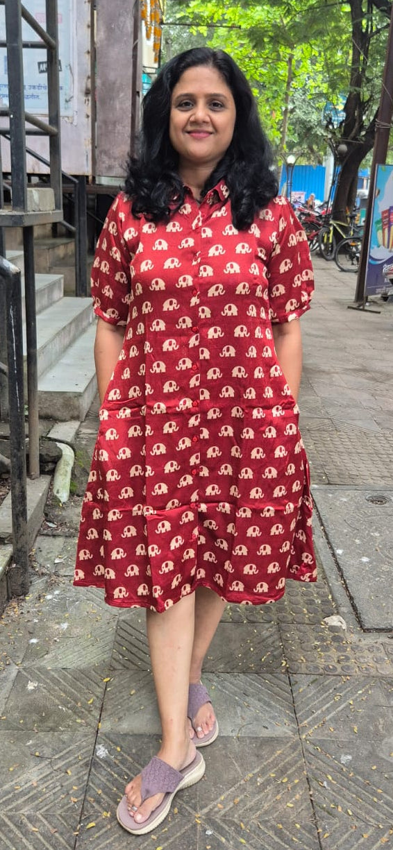 Maroon Mashru Silk Knee Length One Piece