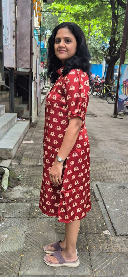 Maroon Mashru Silk Knee Length One Piece