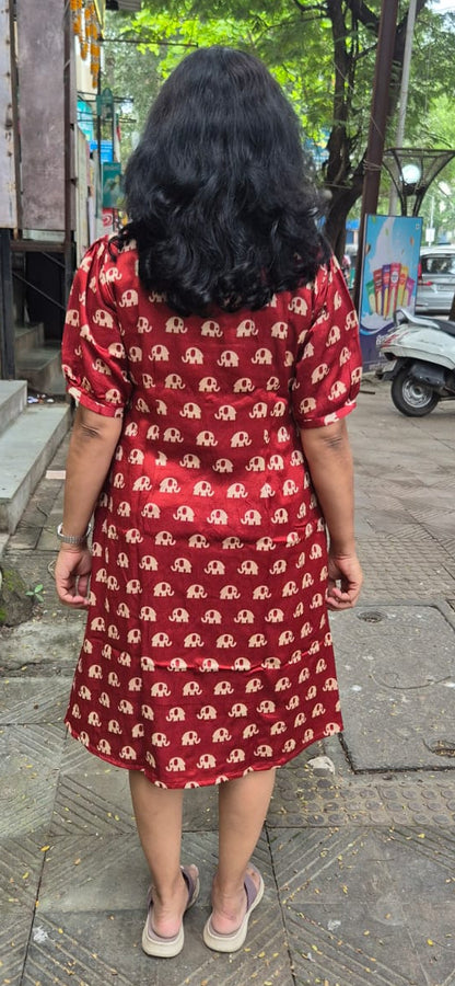 Maroon Mashru Silk Knee Length One Piece