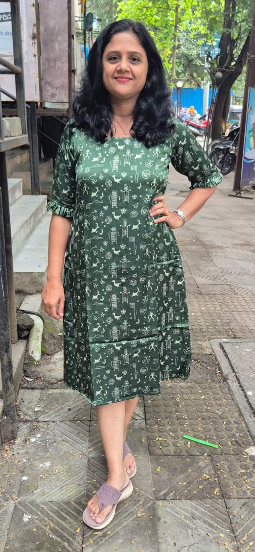 Bottle Green Mashru Silk Knee length One Piece