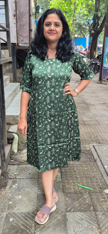 Bottle Green Mashru Silk Knee length One Piece