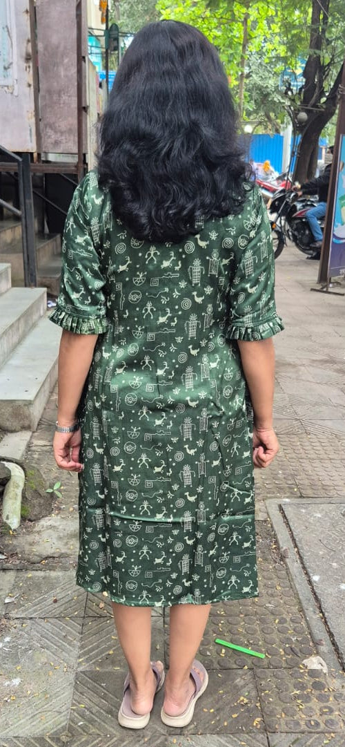 Bottle Green Mashru Silk Knee length One Piece