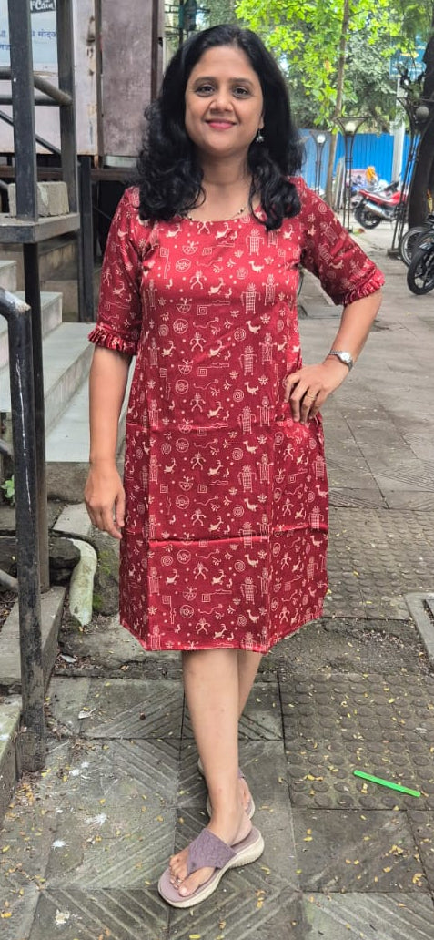 Maroon Mashru Silk Knee length One Piece