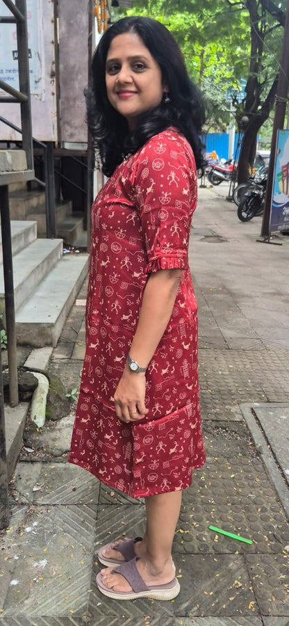 Maroon Mashru Silk Knee length One Piece