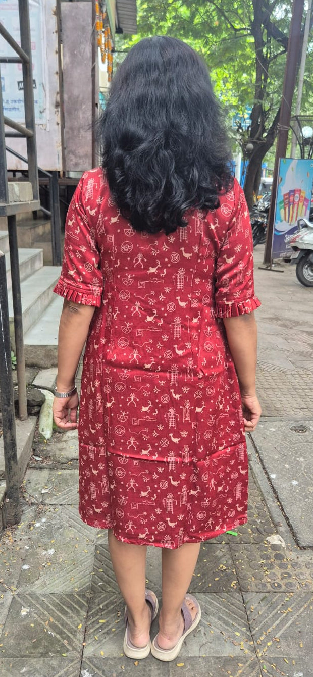 Maroon Mashru Silk Knee length One Piece