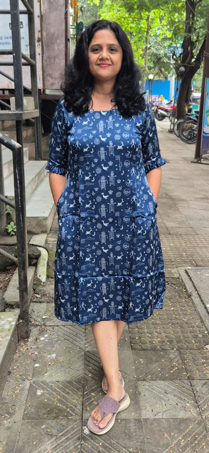 Blue Mashru Silk Knee Length One Piece