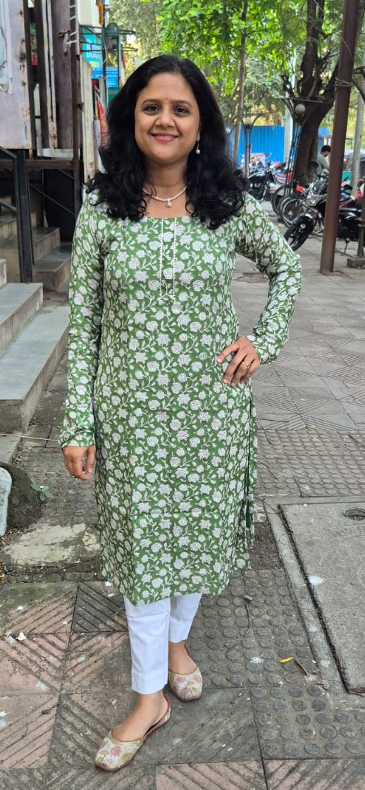 Green Muslin Cotton Block Printed Kurta