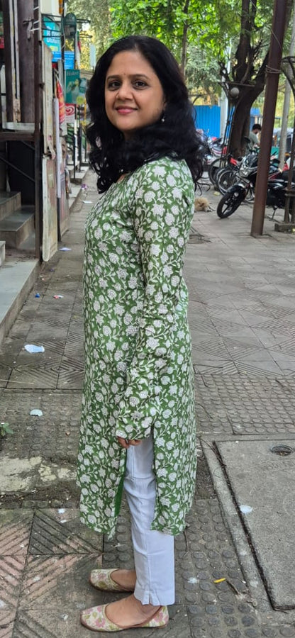 Green Muslin Cotton Block Printed Kurta