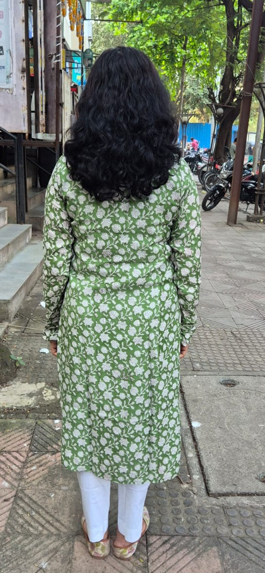 Green Muslin Cotton Block Printed Kurta