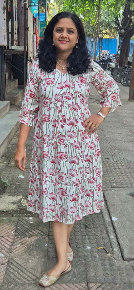 White Muslin Cotton Block Printed One Piece