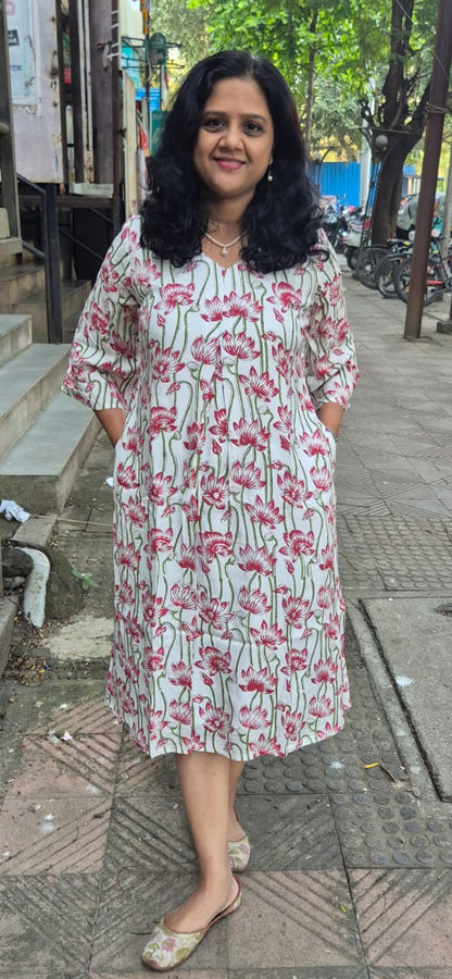 White Muslin Cotton Block Printed One Piece