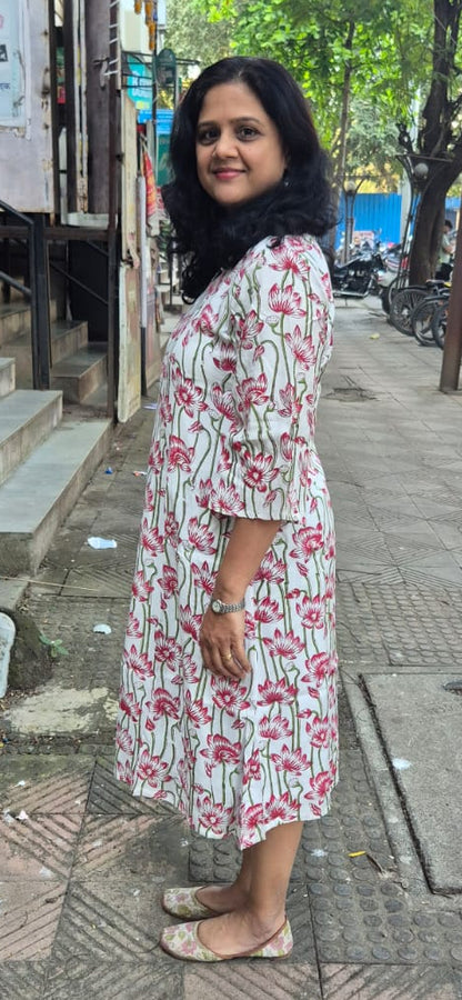 White Muslin Cotton Block Printed One Piece