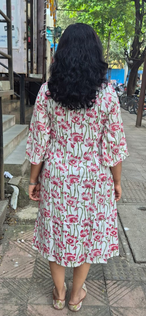 White Muslin Cotton Block Printed One Piece