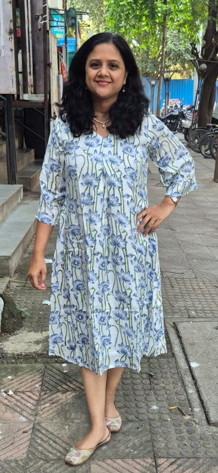 Blue Muslin Cotton Block Printed One Piece