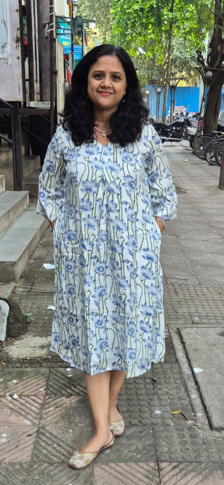 Blue Muslin Cotton Block Printed One Piece