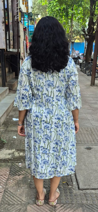 Blue Muslin Cotton Block Printed One Piece