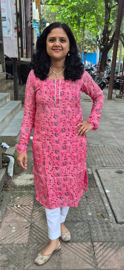 Pink Muslin Cotton Block Printed Kurta