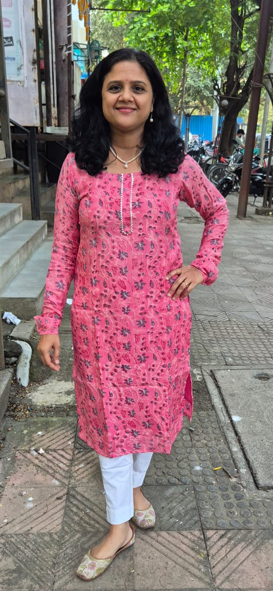 Pink Muslin Cotton Block Printed Kurta