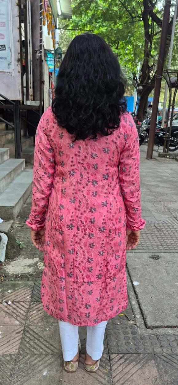 Pink Muslin Cotton Block Printed Kurta
