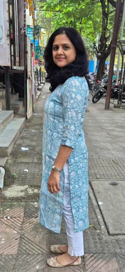 Sky Blue Muslin Cotton Block Printed Kurta