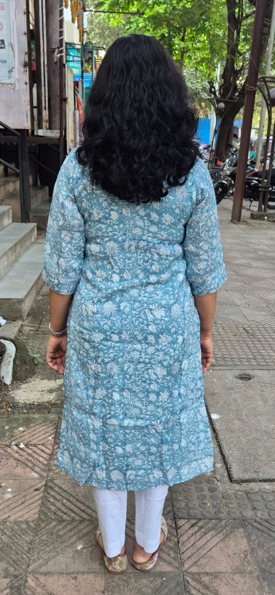 Sky Blue Muslin Cotton Block Printed Kurta
