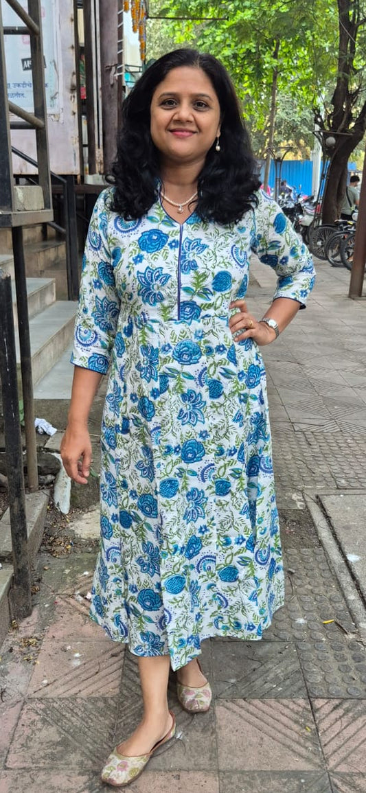 Blue Muslin Cotton Block Printed One Piece