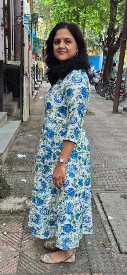 Blue Muslin Cotton Block Printed One Piece