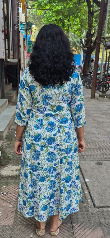 Blue Muslin Cotton Block Printed One Piece