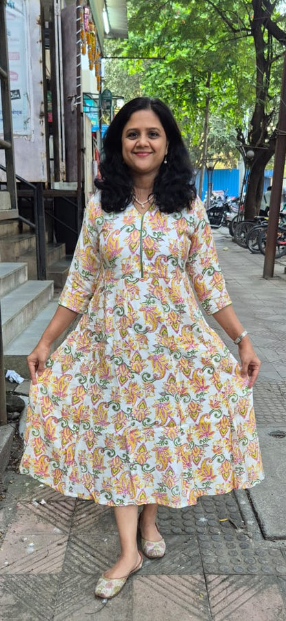 White Muslin Cotton Block Printed One Piece