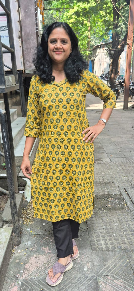 Mustard Yellow Ajrakh Cotton Kurta