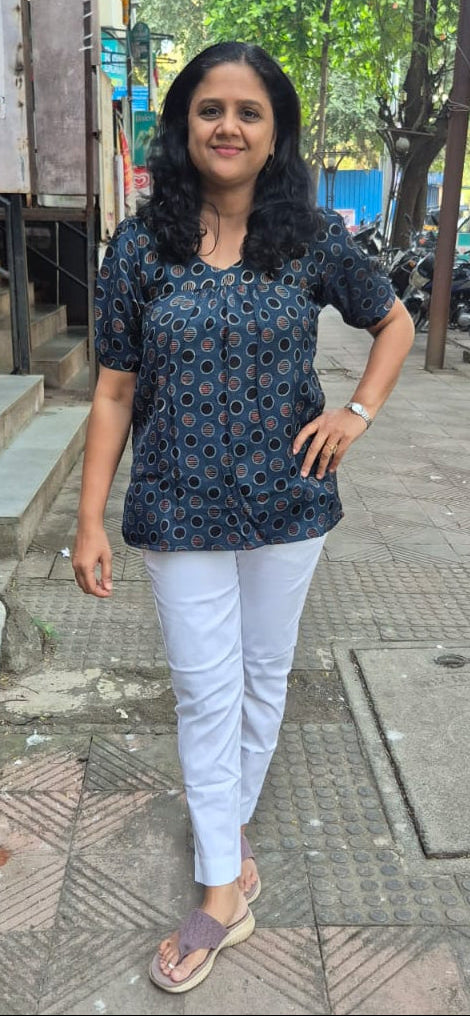 Indigo Handblock Modal Silk Short Top