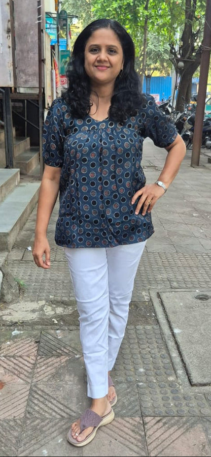 Indigo Handblock Modal Silk Short Top