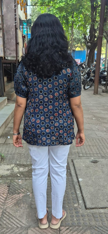 Indigo Handblock Modal Silk Short Top