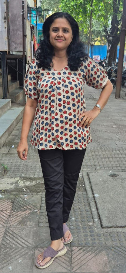 Off White Handblock Modal Silk Short Top