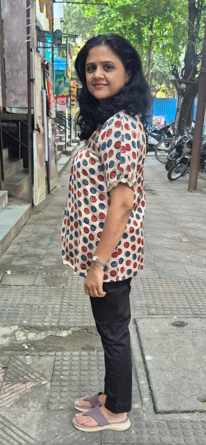 Off White Handblock Modal Silk Short Top